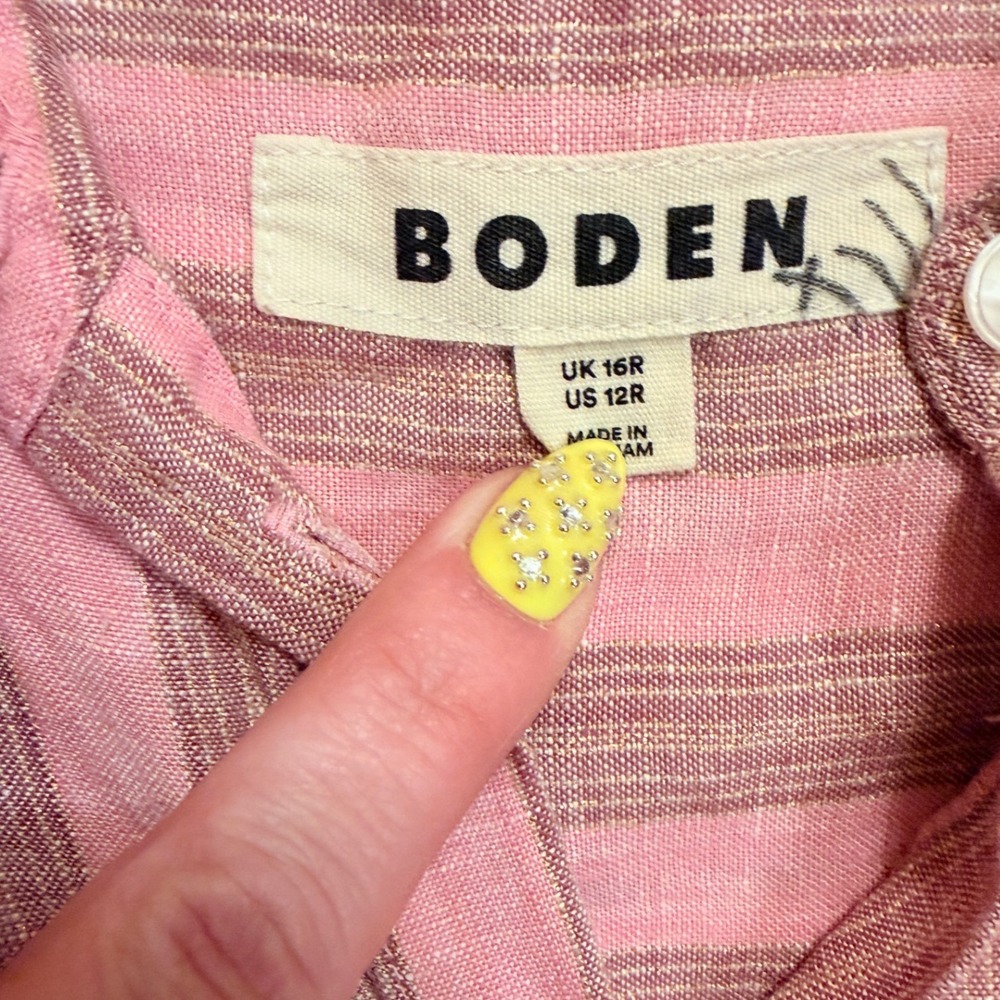 Boden Button Down Shirt Relaxed Linen Striped Pink Brown US 12R - Picture 4 of 4